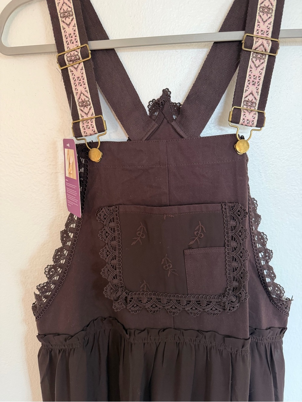 Brown Eyelet Tiered Pinafore Dress with Embroidered Straps - Picture 2 of 3